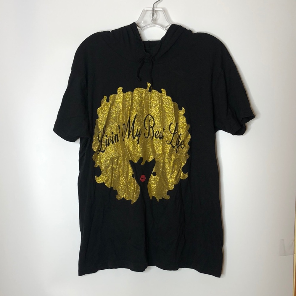 On Fire Hoodie Womans Black Living my Best Life Gold Glitter 2X PLUS SIZE - Picture 1 of 7